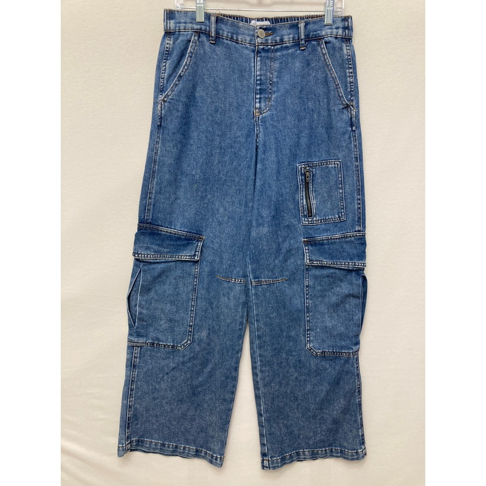 Vanilla Star Cargo Jeans Medium Wide Leg Denim High Rise Elastic Waist Y2K